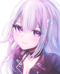 Rule 34 | 1girl, black choker, black jacket, blue hair, blush, breasts, choker, cleavage, close-up, closed mouth, collarbone, earrings, ember amane, furuca, grey hair, hair between eyes, hair ornament, heart, heart choker, highres, jacket, jewelry, long hair, mole, mole on breast, mole under eye, multicolored hair, phase connect, pink hair, purple eyes, safety pin, solo, streaked hair, virtual youtuber