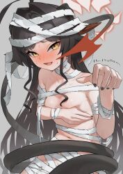 Rule 34 | 1girl, absurdly long hair, ahoge, bandages, black hair, black nails, blue archive, blush, breasts, covering nipples, covering privates, cowboy shot, furrowed brow, grey background, groin, hair intakes, halo, highres, horns, kasumi (blue archive), long hair, looking at viewer, mummy costume, naked bandage, navel, nervous sweating, new makura, nose blush, small breasts, solo, sweat, tail, very long hair, yellow eyes