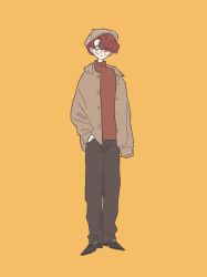 1girl absurdres androgynous blue_eyes brown_footwear brown_pants collared_shirt female_focus full_body glasses hand_in_pocket hat highres long_sleeves original pants red_hair rikuwo round_eyewear shirt short_hair simple_background solo standing yellow_background