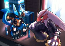 Rule 34 | 2others, asymmetrical pants, belt, bird, black fur, black jacket, black pants, blaziken, blaziken (punk), blonde hair, blue eyes, blue fur, bottle, bracelet, candy, chain, chicken, clothed pokemon, colored sclera, creatures (company), cropped jacket, dog, fewer digits, food, furry, game freak, gen 3 pokemon, gen 4 pokemon, highres, holding, holding candy, holding food, holding lollipop, jacket, jewelry, lollipop, long hair, looking at viewer, lucario, multiple others, netiel, nintendo, outdoors, pants, pokemon, pokemon (creature), pokemon unite, red eyes, spiked bracelet, spikes, squatting, tail, yellow sclera