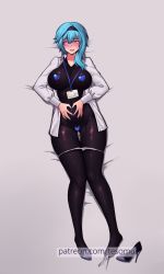 Rule 34 | 1girl, bad id, bad pixiv id, bed sheet, black bodysuit, blue hair, blush, bodysuit, bodysuit under clothes, breasts, eula (genshin impact), genshin impact, heart, heart-shaped pupils, heart hands, heart pasties, high heels, highres, looking away, looking to the side, lying, medium breasts, medium hair, navel piercing, on back, on bed, open mouth, pasties, piercing, shoes, unworn shoes, single shoe, skin tight, smile, solo, symbol-shaped pupils, tesomu, yellow eyes