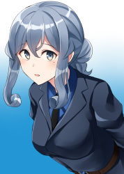 Rule 34 | 1girl, artist name, black necktie, blue eyes, blue hair, blush, breasts, collared shirt, dated, gotland (kancolle), gotland andra (kancolle), gradient background, hair between eyes, hair bun, highres, kamelie, kantai collection, long hair, long sleeves, looking at viewer, medium breasts, military, military uniform, mole, mole under eye, necktie, one-hour drawing challenge, open mouth, shirt, sidelocks, simple background, single hair bun, solo, uniform