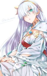 Rule 34 | 1girl, anastasia (fate), blue cloak, blue eyes, blush, breasts, cleavage, cloak, fate/grand order, fate (series), hair over one eye, hairband, jewelry, large breasts, long hair, looking at viewer, neck ring, necklace, parted lips, pendant, royal robe, silver hair, solo, torichamaru, very long hair