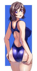 Rule 34 | 1girl, ass, ass support, bad id, bad twitter id, blue eyes, blue one-piece swimsuit, breasts, competition swimsuit, from behind, grey hair, looking at viewer, looking back, love live!, love live! sunshine!!, medium breasts, one-piece swimsuit, shiny skin, short hair, solo, standing, swimsuit, volyz, watanabe you