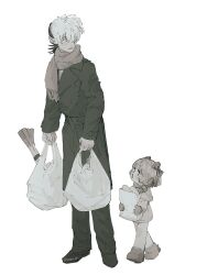 Rule 34 | 1boy, 1girl, bag, black jack (character), black jack (series), blush, bow, coat, commentary request, eye contact, groceries, grocery bag, hair bow, hair over one eye, height difference, highres, holding, holding bag, kager en, loafers, long sleeves, looking at another, looking down, looking to the side, looking up, medium hair, mittens, multicolored hair, multiple hair bows, muted color, one eye covered, open mouth, paper bag, pinoko, scarf, shoes, shopping bag, short hair, simple background, stitched face, stitches, two-tone hair, walking