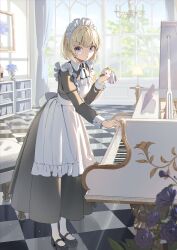 Rule 34 | 1girl, apron, black dress, black footwear, blonde hair, blue eyes, blue flower, blue rose, chandelier, checkered floor, commentary request, curtains, day, dress, flower, frilled apron, frills, grand piano, hand up, highres, holding, indoors, instrument, juliet sleeves, long sleeves, looking at viewer, maid, maid apron, maid headdress, original, pantyhose, parted lips, piano, piano bench, puffy sleeves, rose, shii (kairi-t-k0317), shoes, solo, standing, white apron, white pantyhose, window