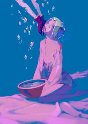 Rule 34 | 2others, androgynous, antarcticite, bowl, broken, colored eyelashes, crying, crying with eyes open, gem, gloves, green eyes, green hair, houseki no kuni, japanese clothes, multiple others, out of frame, phosphophyllite, reaching, reaching towards viewer, robe, short hair, sitting, tamomoko, tears, thighs, wariza, water, white robe