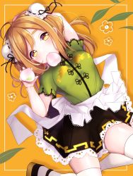 Rule 34 | 1girl, apron, arm up, bad id, bad pixiv id, black footwear, black skirt, blush, brown eyes, brown hair, bun cover, chinese clothes, closed mouth, commentary request, double bun, food, food in mouth, goroo (eneosu), green shirt, hair bun, highres, holding, holding food, kunikida hanamaru, long hair, love live!, love live! school idol festival, love live! sunshine!!, mouth hold, pleated skirt, shirt, shoes, short sleeves, side bun, skindentation, skirt, solo, thick eyebrows, thighhighs, waist apron, white apron, white thighhighs