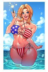 Rule 34 | 1girl, absurdres, american flag bikini, bare shoulders, bikini, blonde hair, blue eyes, blue sky, breasts, celebration, cleavage, cloud, commentary, criss-cross halter, dead or alive, english commentary, female focus, fireworks, flag print, fourth of july, halterneck, highres, holding, july, large breasts, lips, multi-strapped bikini, navel, ocean, outside border, partially submerged, ravenousruss, side-tie bikini bottom, skindentation, sky, solo, sparks, stomach, summer, swimsuit, tina armstrong, underboob, water