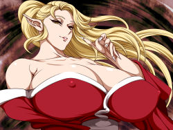 Rule 34 | 1girl, bare shoulders, breasts, brown eyes, byunei, cleavage, covered erect nipples, female focus, fingernails, from below, ginnyo, highres, huge breasts, japanese clothes, kimono, long fingernails, long hair, looking at viewer, mature female, ponytail, romancing saga 3, saga, smirk, solo, upper body, yukata