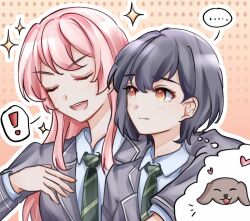 Rule 34 | !, ..., 2girls, animalization, arm around neck, bang dream!, bang dream! it&#039;s mygo!!!!!, chihaya anon, closed eyes, closed mouth, collared shirt, commentary, dog, green necktie, grey hair, grey jacket, haneoka school uniform, heart, highres, hmxyymyyc, jacket, long hair, looking at another, multiple girls, necktie, open mouth, orange eyes, pink hair, school uniform, shirt, short hair, smile, sparkle, spoken ellipsis, spoken exclamation mark, takamatsu tomori, thought bubble, white shirt