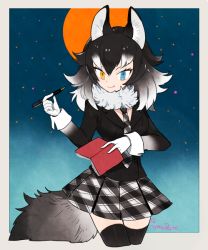Rule 34 | 10s, 1girl, animal ears, artist name, beige border, black border, black hair, black jacket, black thighhighs, blazer, blue eyes, border, breasts, buttons, collar, cowboy shot, eyelashes, fang, full moon, fur collar, gloves, gradient clothes, gradient hair, gradient sky, grey wolf (kemono friends), hair between eyes, heterochromia, holding, holding pen, jacket, kemono friends, l hakase, long sleeves, looking at viewer, medium breasts, medium hair, moon, multicolored hair, necktie, night, notebook, outdoors, outside border, pen, plaid, plaid necktie, plaid neckwear, plaid skirt, pleated skirt, signature, skirt, sky, sleeve cuffs, smile, solo, star (sky), tail, thighhighs, tsurime, two-tone hair, white gloves, white hair, wolf ears, wolf tail, yellow eyes, zettai ryouiki