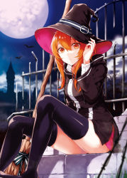 Rule 34 | 1girl, angela (arisaka ako), arisaka ako, bad id, bad pixiv id, bat (animal), black thighhighs, broom, fence, full moon, hair between eyes, hand up, hat, highres, long hair, long sleeves, looking at viewer, matching hair/eyes, moon, night, orange eyes, orange hair, original, outdoors, parted lips, sitting, solo, spread legs, thighhighs, thighs, witch, witch hat