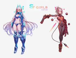 Rule 34 | 2girls, armored boots, bikini, bodysuit, boots, breasts, cable, cable tail, chyan, cleavage, flat chest, grey hair, hair ornament, hairband, hairclip, highres, large breasts, legs, long hair, mecha musume, mechanical tail, multiple girls, original, red eyes, short hair, swimsuit, tail, tongue, very long hair, weapon