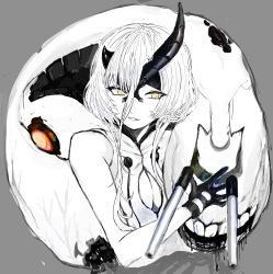 Rule 34 | 1girl, absurdres, abyssal ship, asymmetrical horns, black gloves, breasts, cleavage, colored skin, gloves, grey background, hagioshi, hair between eyes, heavy cruiser princess, highres, hood, horns, kantai collection, pale skin, parted lips, short hair with long locks, simple background, sketch, sleeveless, solo, teeth, turret, uneven horns, upper body, white hair, white skin, yellow eyes