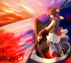 Rule 34 | 1girl, adapted costume, boat, fingerless gloves, flower, gloves, hair bobbles, hair ornament, hair over one eye, looking at viewer, misakura setsu, onozuka komachi, red eyes, red hair, sanzu river, scythe, smile, solo, spider lily, touhou, watercraft