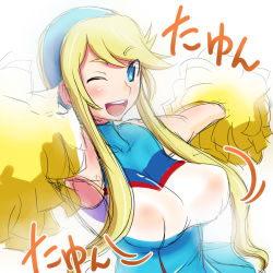Rule 34 | 1girl, :d, ;d, blonde hair, blue eyes, breasts, cheerleader, cleavage, hairband, heroman, kanbe, lina davis, one eye closed, open mouth, pom pom (cheerleading), sketch, smile, solo, translation request, twintails, wink