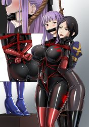 Rule 34 | 2girls, absurdres, arms behind back, asagami fujino, ass, bdsm, black eyes, black hair, blush, bodysuit, bondage, bondage outfit, boots, bound, breasts, corpse, dozm (txnmb), ero guro, execution, eyebrows hidden by hair, fate/grand order, fate (series), from behind, gag, gagged, gloves, grabbing, grabbing another&#039;s breast, guro, hanged, highres, kara no kyoukai, large breasts, latex, latex bodysuit, long hair, looking at another, multiple girls, purple hair, red eyes, ryona, saliva, shibari, smile, thigh boots, tongue, tongue out