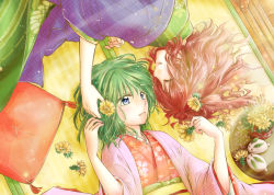 Rule 34 | 2girls, alternate costume, arm up, blue eyes, commentary request, closed eyes, facing another, floral print, flower, from above, green hair, hair flower, hair ornament, hand in another&#039;s hair, hanten (clothes), holding, holding flower, japanese clothes, kiduki kaya, kimono, light particles, looking at another, lying, medium hair, multiple girls, obi, on back, on floor, on side, onozuka komachi, parted lips, pillow, plant, potted plant, red hair, sash, shiki eiki, short hair, snow rabbit, tatami, touhou, tray, yuri