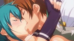 Rule 34 | 1boy, 1girl, animated, animated gif, aqua hair, armor, arms around neck, blush, bouncing breasts, breastplate, breasts, brown hair, closed eyes, french kiss, hetero, kiss, large breasts, lying, on back, rance, rance (series), rance 01, shiny skin, short hair, yulang mirage