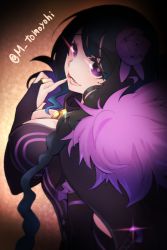 Rule 34 | 10s, 1girl, black hair, braid, breasts, cleavage, cleavage cutout, clothing cutout, commentary request, elsa granhilte, fingerless gloves, gloves, hair ornament, large breasts, licking, licking finger, long hair, looking at viewer, matsumoto tomoyohi, mole, mole under eye, purple eyes, re:zero kara hajimeru isekai seikatsu, smile, solo, tongue, tongue out, translation request, twitter username