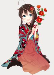 Rule 34 | 1girl, ahoge, alternate costume, black hair, blue eyes, boots, braid, camellia, flower, full body, grey background, hair flaps, hair flower, hair ornament, hair over shoulder, hakama, hakama skirt, japanese clothes, kantai collection, kimono, looking at viewer, naoto (tulip), open mouth, pink hakama, red flower, shigure (kancolle), shigure kai ni (kancolle), simple background, single braid, skirt, smile, solo