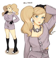 Rule 34 | 1girl, artist name, blonde hair, blue eyes, breasts, cleavage, commentary, cosplay, english commentary, jewelry, jivke, long hair, looking to the side, medium breasts, multiple views, necklace, parted lips, persona, persona 5, sana (twice), sana (twice) (cosplay), takamaki anne, twice (group), twintails, white background