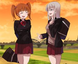 Rule 34 | 2girls, adapted uniform, arms behind back, bag, black jacket, blue eyes, blurry, blurry background, bow, bowtie, bridge, brown hair, brown sweater, cloud, cloudy sky, commentary, day, depth of field, dress shirt, dusk, fusion, girls und panzer, girls und panzer phase erika, grey shirt, hair bobbles, hair ornament, highres, holding, holding bag, holding behind back, itsumi erika, jacket, kuromorimine military uniform, kuromorimine school uniform, long sleeves, looking at another, medium hair, miniskirt, multiple girls, holding behind back, open clothes, open jacket, open mouth, orange sky, outdoors, over shoulder, pleated skirt, red neckwear, red skirt, river, rou leila, school bag, school uniform, shirt, silver hair, skirt, sky, smile, standing, sweater, twintails, wani02, winter uniform
