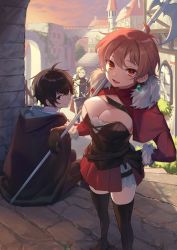Rule 34 | 1girl, 2boys, breasts, brown hair, cape, cleavage, cleavage cutout, clothing cutout, copyright request, dress, earrings, fur trim, highres, jewelry, large breasts, multiple boys, official art, open mouth, outdoors, over shoulder, red eyes, short hair, sitting, standing, thighhighs, usuke (u skeeep), weapon