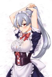 Rule 34 | 1girl, adjusting hair, alternate costume, apron, bad id, bad pixiv id, blush, breasts, enmaided, fate/grand order, fate (series), grey hair, hair between eyes, large breasts, long hair, looking at viewer, maid, maid headdress, mouth hold, red eyes, shirokuma a, smile, solo, tomoe gozen (fate)