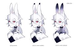 Rule 34 | 1boy, absurdres, androgynous, animal ears, artist name, closed mouth, colored skin, commentary, crrn, dated, english text, hair between eyes, highres, long hair, low ponytail, male focus, original, portrait, rabbit boy, rabbit ears, red eyes, simple background, solo, symbol-only commentary, white background, white hair, white skin