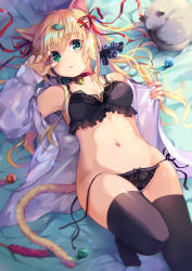 Rule 34 | 1girl, absurdres, animal ears, balloon, bell, bikini, black bow, black bra, black panties, black thighhighs, blonde hair, blush, bow, bow hairband, bra, breasts, cat, cat ears, cat tail, clothing aside, green eyes, hair ornament, hair ribbon, hairband, hairclip, highres, long hair, looking at viewer, lying, medium breasts, moe2021, navel, neck bell, on back, open clothes, open mouth, open shirt, original, panties, panties aside, red ribbon, ribbon, side-tie panties, solo, swimsuit, tail, thighhighs, underwear, untied bikini, untied panties, user famk5584