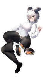 Rule 34 | 1girl, breasts, corrupted twitter file, food, full body, glasses, grey hair, hair between eyes, highres, horns, long sleeves, looking at viewer, medium breasts, nine (kanine41), open mouth, original, pantyhose, round eyewear, short shorts, shorts, simple background, solo, sushi, teeth, thick thighs, thighs, tongue, white background, yellow eyes