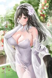 Rule 34 | 1girl, 1other, absurdres, bare shoulders, black hair, blue sky, blush, breasts, bridal veil, brown eyes, cleavage, closed mouth, cloud, collar, commission, covered navel, day, detached collar, dress, elbow gloves, falling petals, flower, gloves, hair between eyes, hair flower, hair ornament, hand on own face, hand up, highres, holding hands, lace, lace-trimmed gloves, lace trim, large breasts, lillly, long hair, long sleeves, original, out of frame, outdoors, petals, red flower, red rose, revision, rose, rose petals, see-through, shawl, sky, sleeveless, sleeveless dress, solo focus, strapless, strapless dress, tree, veil, wedding, wedding dress, white collar, white dress, white flower, white gloves, white headwear, white rose, white shawl, yellow flower, yellow rose