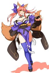 Rule 34 | 10s, 1girl, animal ears, bare shoulders, blush, breasts, cleavage, detached sleeves, dutch angle, fang, fate/extra, fate/grand order, fate (series), fox ears, fox tail, full body, groin, hatakenaka (kamagabuchi), japanese clothes, kimono, legs, medium breasts, pelvic curtain, pink hair, skindentation, solo, tail, tamamo (fate), tamamo no mae (fate/extra), thighhighs, thighs, twintails, yellow eyes