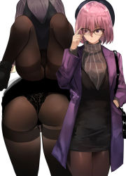 Rule 34 | 1girl, ass, bent over, beret, black dress, black footwear, cafe au lait (kafeore), commentary request, dress, fate/grand order, fate (series), glasses, hat, lace, lace-trimmed panties, lace trim, mash kyrielight, multiple views, panties, pantyhose, pink hair, purple eyes, short hair, simple background, sitting, spread legs, standing, sweater, underwear, white background