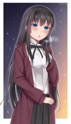 Rule 34 | 1girl, :o, black hair, black hairband, black ribbon, black skirt, blue eyes, breath, brown jacket, commentary request, hairband, hand on own chest, highres, jacket, long hair, looking at viewer, neck ribbon, open clothes, open jacket, ribbon, shirt, skirt, snow, snowing, solo, soukitsu, tohno akiha, tsukihime, tsukihime (remake), twitter username, white shirt