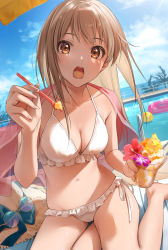 Rule 34 | 1girl, ball, bare arms, barefoot, beachball, bikini, blue sky, blush, breasts, brown eyes, brown hair, brown hat, cleavage, collarbone, commentary, cup, day, flower, food, frilled bikini, frills, glasses, halterneck, hat, hibiscus, highres, holding, holding cup, ice cream spoon, innertube, long hair, looking at viewer, medium breasts, navel, open mouth, original, outdoors, pool, purple flower, red flower, round eyewear, see-through, shaved ice, side-tie bikini bottom, sitting, sky, solo, spoon, stomach, straw hat, swim ring, swimsuit, symbol-only commentary, unworn eyewear, unworn hat, unworn headwear, white bikini, yokozuwari, zattape