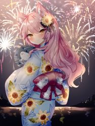 Rule 34 | 1girl, :3, animal ear fluff, animal ears, back bow, blush, bow, cat ears, cat girl, commentary request, commission, fireworks, floral print, flower, hair between eyes, hair flower, hair ornament, hand fan, highres, japanese clothes, kimono, leaf, long hair, long sleeves, looking at viewer, nyatasha nyanners, orange eyes, pink hair, print kimono, seal (animal), skeb commission, smile, solo, sorani (kaeru0768), sunflower, sunflower hair ornament, virtual youtuber, vshojo, yukata