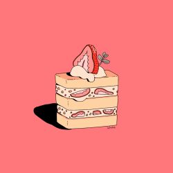 Rule 34 | artist name, cake, choo, dessert, food, food focus, fruit, highres, leaf, no humans, original, pink background, shadow, signature, simple background, strawberry, strawberry shortcake