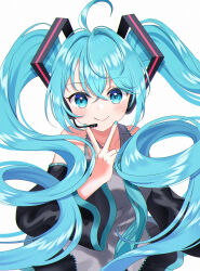Rule 34 | 1girl, absurdres, ahoge, blue eyes, blue hair, blush, collared shirt, commentary, detached sleeves, hair ornament, hatsune miku, headphones, headset, highres, long hair, long sleeves, looking at viewer, nail polish, rooibos, shirt, skirt, sleeveless, sleeveless shirt, smile, solo, twintails, v, v over mouth, very long hair, vocaloid