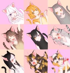 Rule 34 | 6+girls, :3, :d, :t, animal ears, black hair, black shirt, blonde hair, blue eyes, blush, bob cut, brown background, cat day, cat ears, cat girl, cat tail, dutch angle, eating, closed eyes, facing viewer, fang, fangs, green eyes, green hair, grey hair, grey shirt, heterochromia, highres, holding, kawai rou, long hair, looking at viewer, medium hair, multicolored hair, multiple girls, one eye closed, open mouth, original, paw pose, pink background, shirt, short hair, slit pupils, smile, tail, tail raised, two-tone hair, white hair, yellow background, yellow eyes