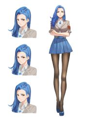 Rule 34 | 1girl, absurdres, armband, blazer, blue footwear, blue hair, blue skirt, breasts, brown eyes, collared shirt, crossed arms, expressions, forehead, frown, full body, hara kenshi, high heels, highres, jacket, jewelry, large breasts, legs, long hair, looking at viewer, necklace, original, pantyhose, parted hair, pleated skirt, shirt, shirt tucked in, skirt, solo, spade (shape), white shirt, wide hips, yellow eyes