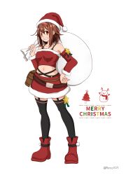 Rule 34 | 1girl, alternate costume, black thighhighs, boots, brown hair, christmas, detached sleeves, full body, hairband, hand on own hip, hat, highres, kantai collection, merry christmas, miniskirt, orange eyes, porco1127, red hairband, red headwear, red skirt, red tank top, sack, santa boots, santa costume, santa hat, shiratsuyu (kancolle), short hair, skirt, solo, tank top, thighhighs, white background