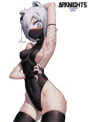 Rule 34 | 1girl, ^^^, animal ears, areola slip, arknights, arm up, armpits, black gloves, black leotard, black thighhighs, blue eyes, blush, breasts, cat ears, chinese commentary, copyright name, covered erect nipples, covered navel, cowboy shot, crying, crying with eyes open, ear piercing, eyes visible through hair, fingerless gloves, fishnets, gloves, hair over one eye, highres, leotard, looking at viewer, mask, max-k, medium breasts, mouth mask, parted bangs, piercing, shirayuki (arknights), short hair, sideboob, silver hair, simple background, skin tight, skindentation, solo, surprised, tears, thighhighs, weasel ears, white background