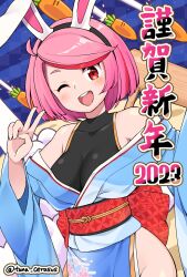 Rule 34 | 1girl, ;d, animal ears, bare shoulders, black hairband, black shirt, blue kimono, breasts, checkered background, chinese zodiac, cleavage, commentary request, covered collarbone, fake animal ears, hairband, highres, japanese clothes, kimono, long sleeves, looking at viewer, medium breasts, nengajou, new year, obi, off shoulder, one eye closed, open mouth, original, pink hair, rabbit ears, red eyes, revision, sash, shirt, short eyebrows, short hair, sleeveless, sleeveless shirt, smile, solo, swept bangs, teeth, thick eyebrows, translation request, tsunaso (lack of sunlight), upper teeth only, wide sleeves, year of the rabbit