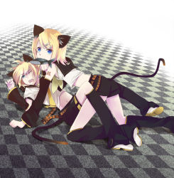 Rule 34 | 1boy, 1girl, all fours, animal ears, bad id, bad pixiv id, blonde hair, blue eyes, brother and sister, cat ears, cat tail, fang, fish, girl on top, hair ornament, hairclip, highres, kagamine len, kagamine rin, kaisaki, kemonomimi mode, lying, mouth hold, on back, one eye closed, saki k, short hair, shorts, siblings, smile, tail, twins, vocaloid, winge