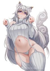 Rule 34 | 1girl, absurdres, animal ear fluff, animal ears, bare shoulders, breasts, commentary, commission, cowboy shot, detached sleeves, grey hair, grey panties, grey thighhighs, hands up, head tilt, highres, indie virtual youtuber, large breasts, long hair, long sleeves, looking at viewer, midriff, myth1carts, navel, nyxtheneko, panties, parted lips, paw pose, purple eyes, solo, stomach, thighhighs, thighs, underwear, very long hair, virtual youtuber