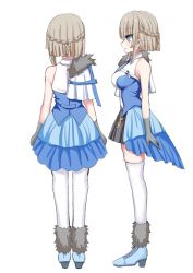 Rule 34 | 1girl, bare shoulders, black skirt, blue eyes, blue footwear, boots, braid, breasts, brown hair, character request, fur-trimmed boots, fur trim, gloves, grey gloves, high heel boots, high heels, indie virtual youtuber, medium breasts, multiple views, official art, pleated skirt, profile, shiodome oji, shirt, short hair, simple background, skirt, sleeveless, sleeveless shirt, standing, thighhighs, thighhighs under boots, virtual youtuber, white background, white shirt, white thighhighs