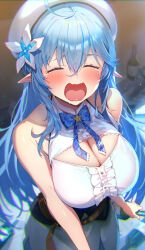 Rule 34 | 1girl, ahoge, bare shoulders, beret, blue hair, blush, bow, bowtie, breasts, cleavage, cleavage cutout, closed eyes, clothing cutout, corset, crying, dress, elf, flower, hair between eyes, hair flower, hair ornament, half updo, hat, highres, hololive, kakage, large breasts, long hair, open mouth, pointy ears, sidelocks, solo, tears, very long hair, virtual youtuber, white dress, white hat, yukihana lamy
